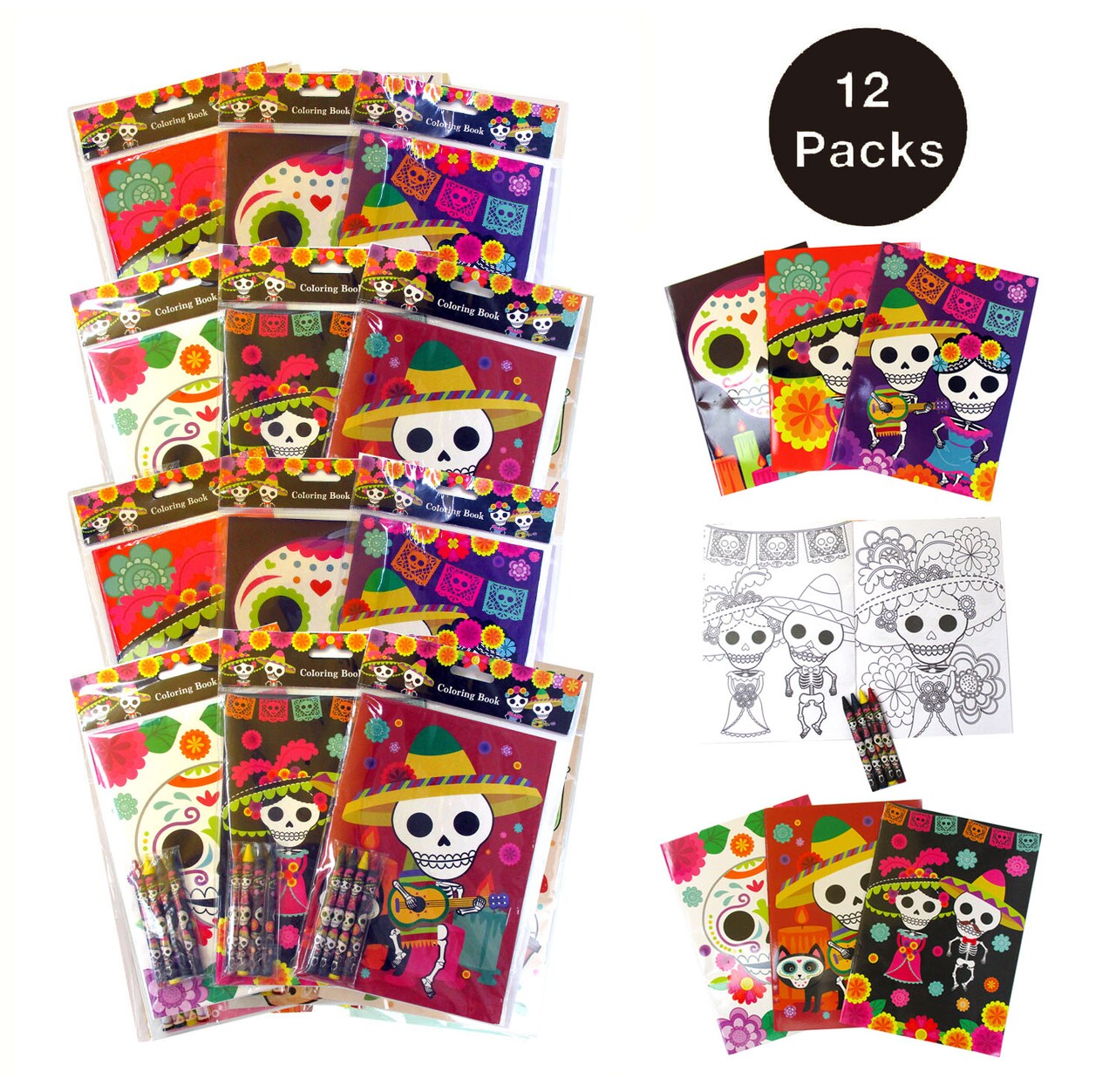 Tiny Mills Day of the Day Coloring Books for Kids with 12 Coloring Books and 48 Crayons, Halloween Party Favors, Dia de Los Muertos Sugar Skulls